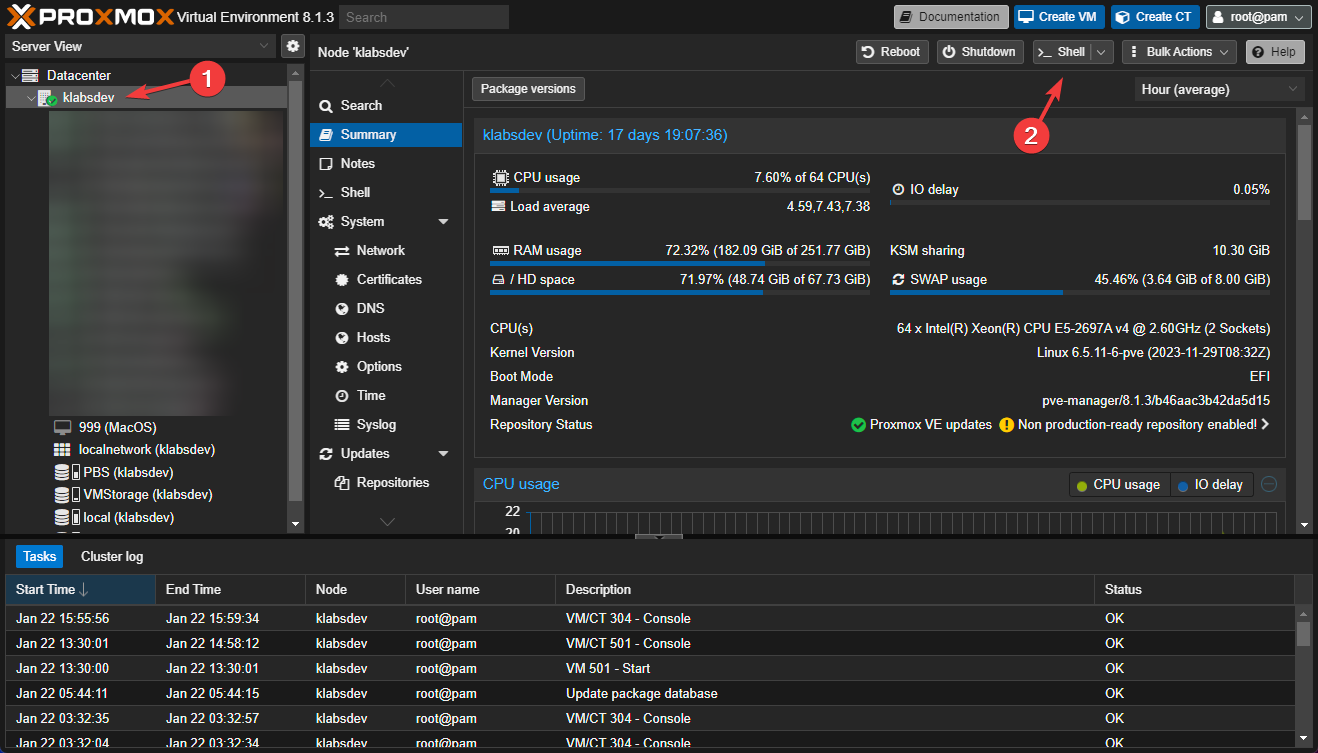 Open the Proxmox node console