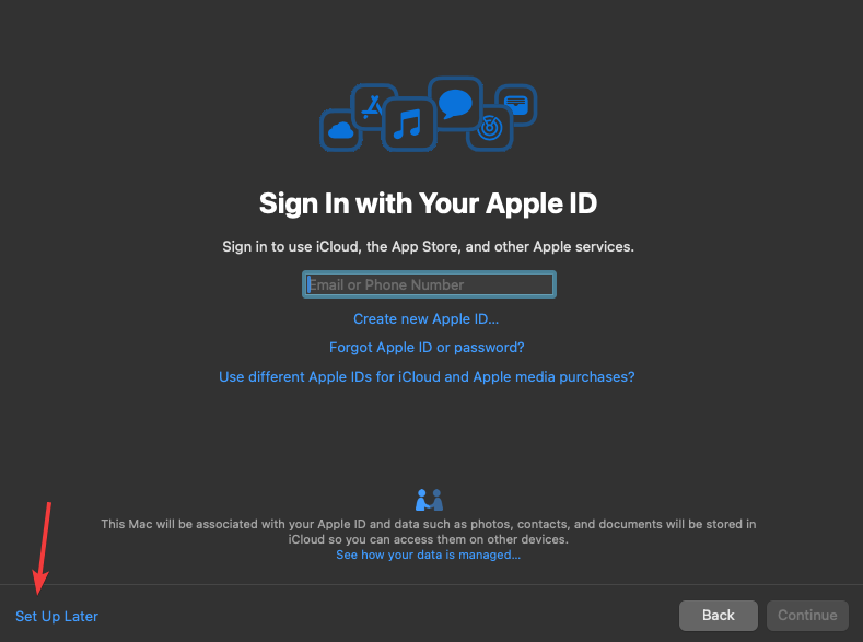 Choose "Set Up Later" when asked to sign in with your Apple ID